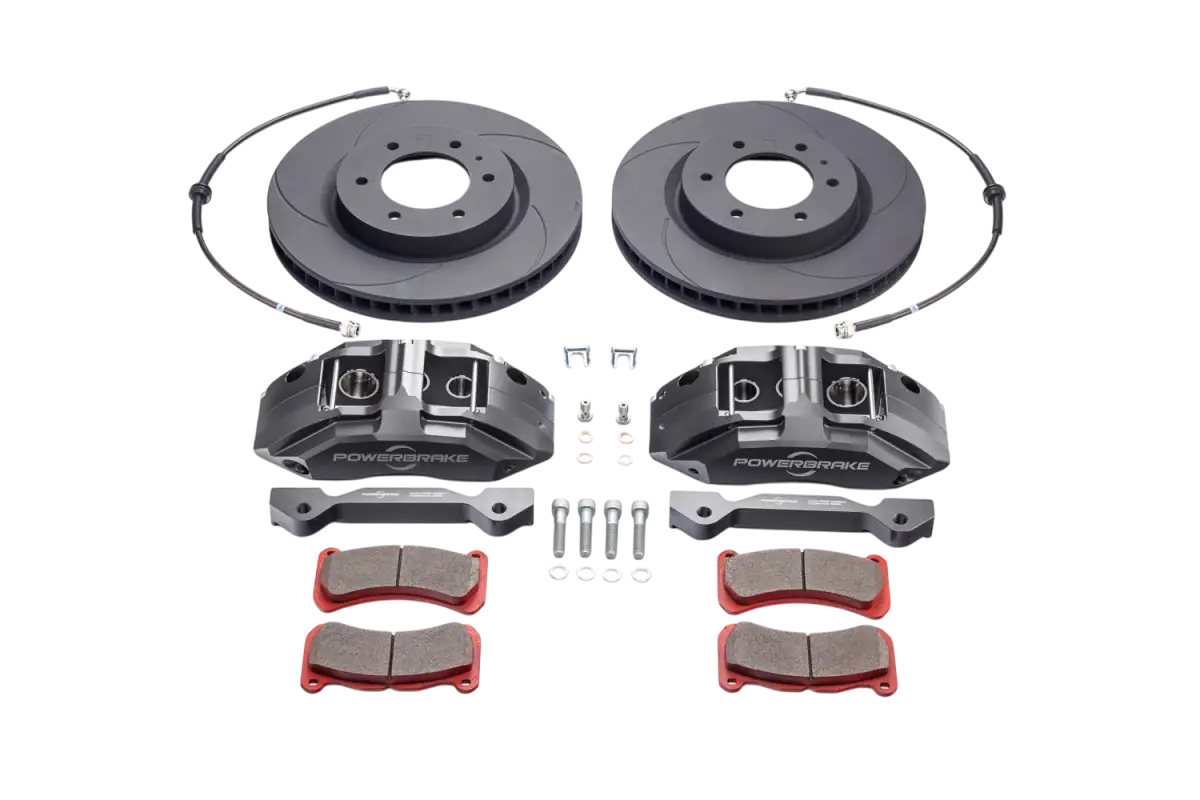 Complete FJ Cruiser big brake kit featuring 6 piston calipers, vented rotors, brake pads, and installation hardware.