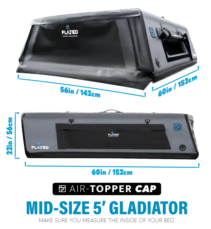 Dimensions and features of the Jeep Gladiator Air-Topper truck cap, highlighting its lightweight, durable, and tool-less setup design.