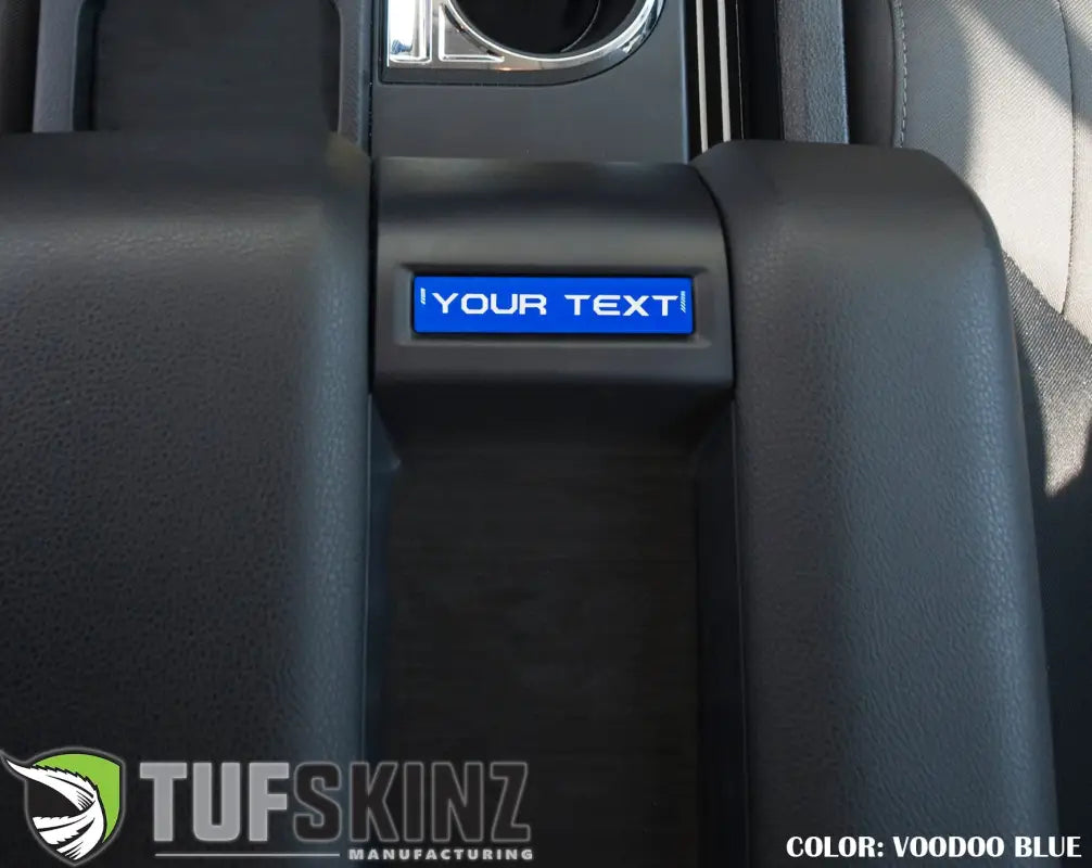 Center console badge in voodoo blue finish, customizable text, tailored for 2014-2021 Toyota Tundra interior upgrades.