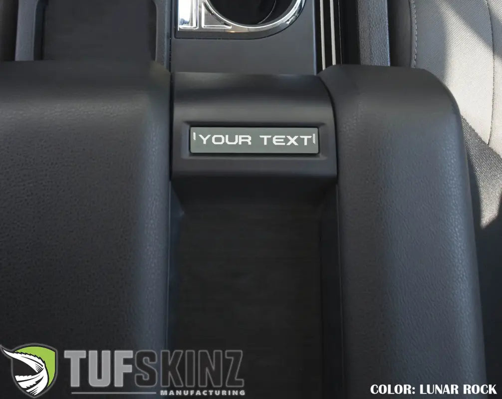 Center console badge in lunar rock finish, customizable text, compatible with 2014-2021 Toyota Tundra for unique interior decor.