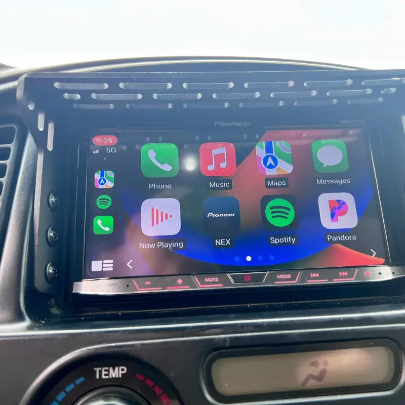 Close-up of Sequoia dash mount with Pioneer stereo and CarPlay interface. Fits 2001-2007 models.