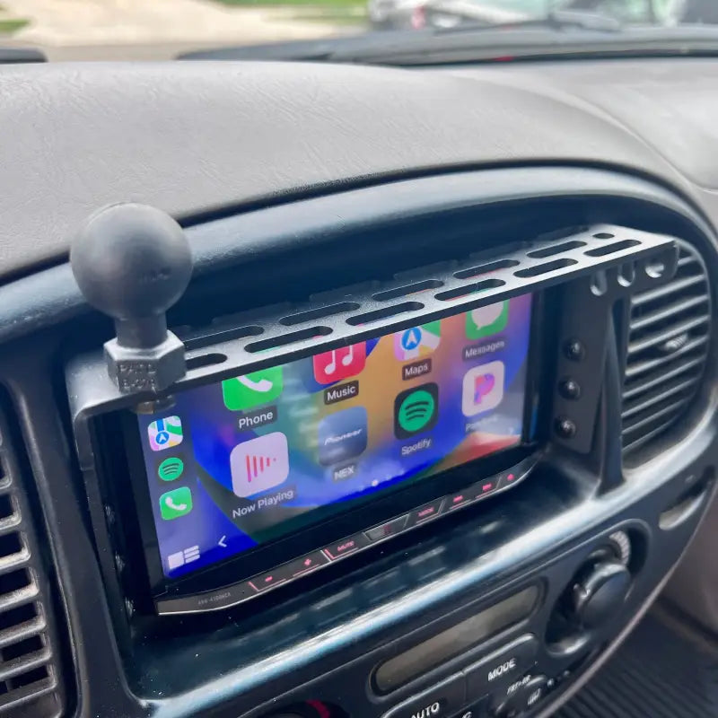 Sequoia dash mount with a phone displaying CarPlay interface. Customizable setup for 2001-2007 models.