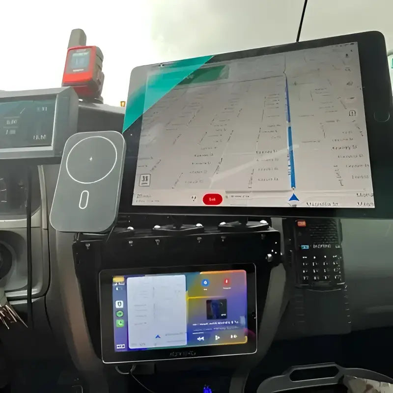 3rd Gen 4Runner console mount with a mounted tablet and phone, emphasizing its capacity for multiple accessories.