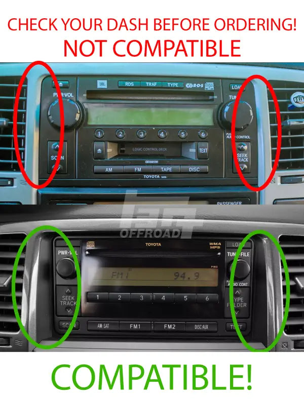 Compatibility guide for 4th Gen 4Runner modular dash mount, showing compatible and non-compatible radio configurations.