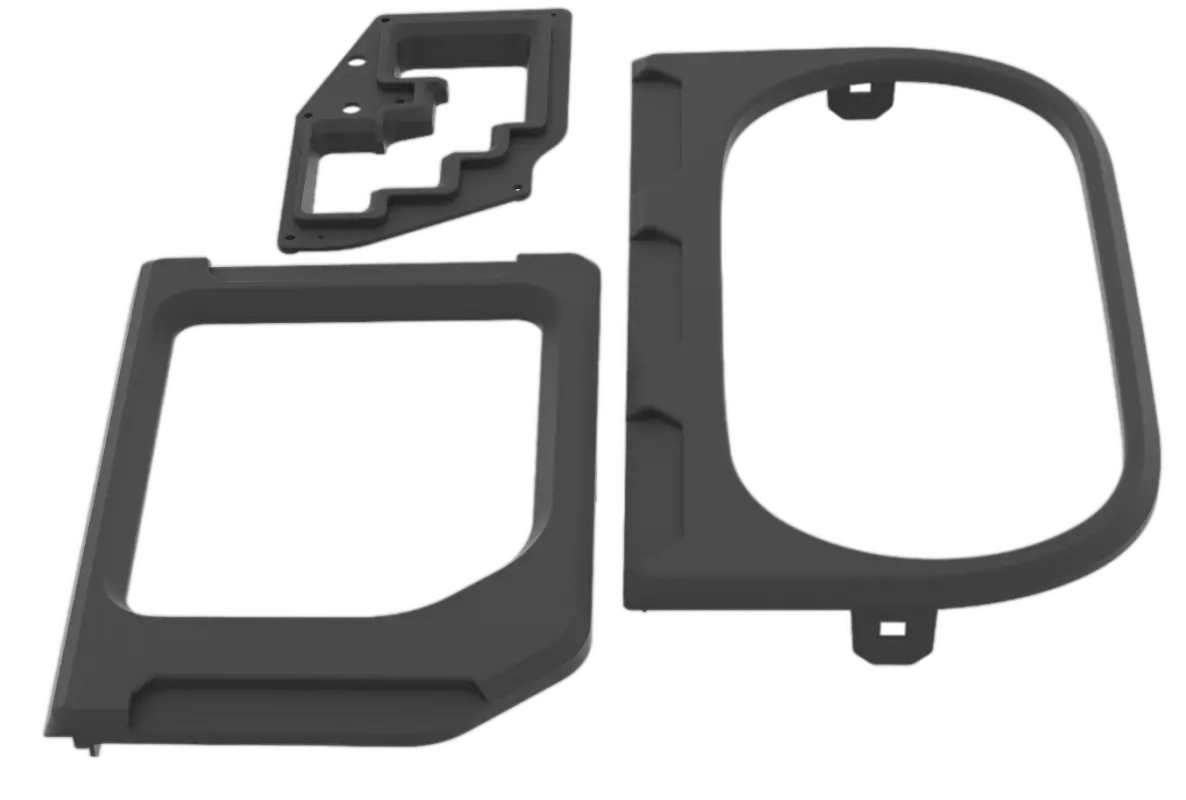 Black Tundra Chrome Delete Kit components, showcasing three precision-cut pieces for console trim replacement in second-generation models.