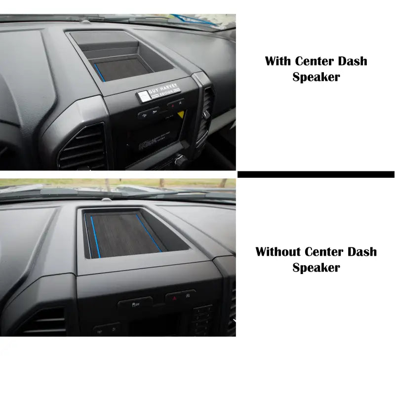 Truck dashboard comparison showing cup holder inserts for Ford F-150 2015-2016