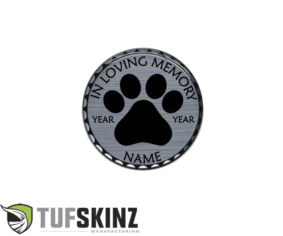 Round pet memorial coin in a custom rated badge, fits Jeep, personalized memorial accessory