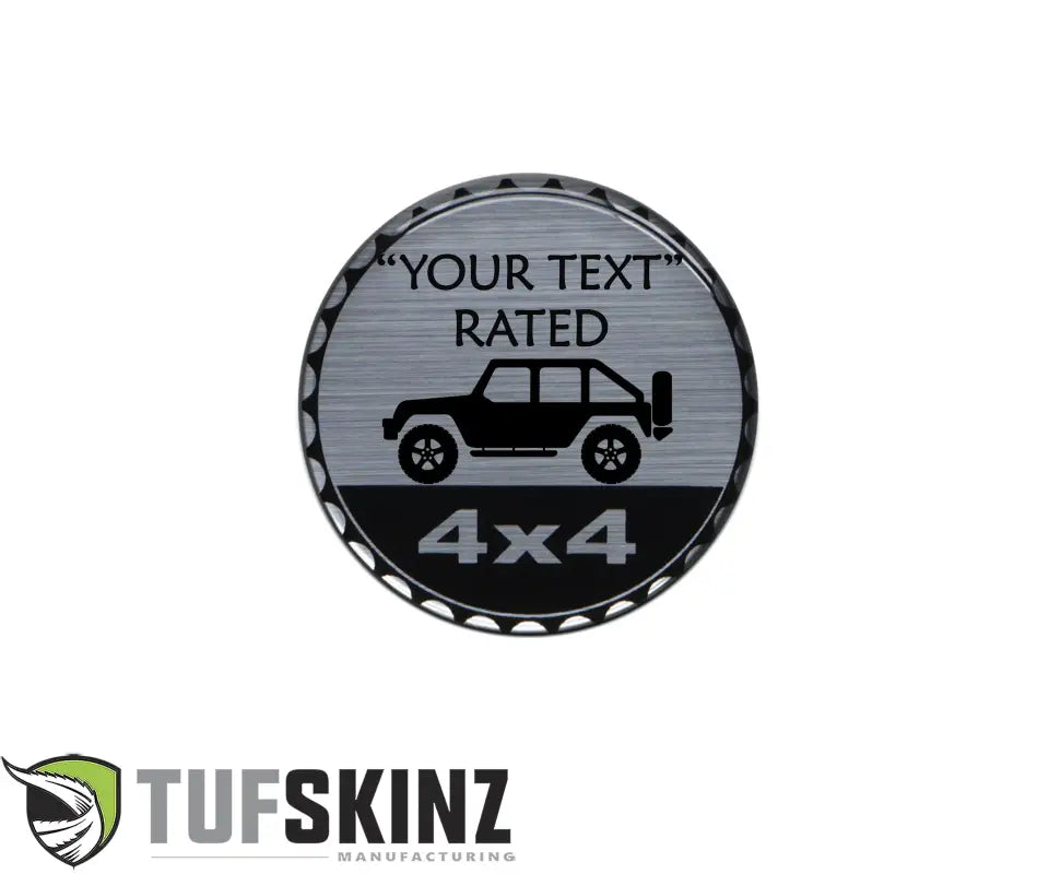 Round metal emblem with a jeep for custom rated badges, perfect for Jeep enthusiasts