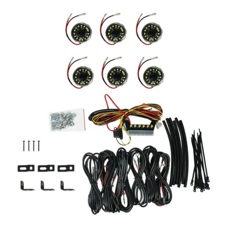Cyclone V2 LED 6-light system with clear 5W flood beam, wiring, mounting hardware, and accessories for off-road vehicle lighting.