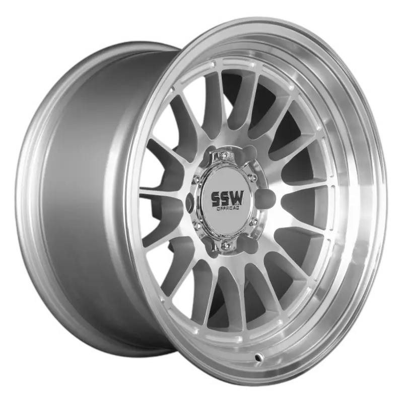 Side view of DAKAR machined silver wheel in 17x9.0 size, showcasing its deep lip and intricate multi-spoke design.