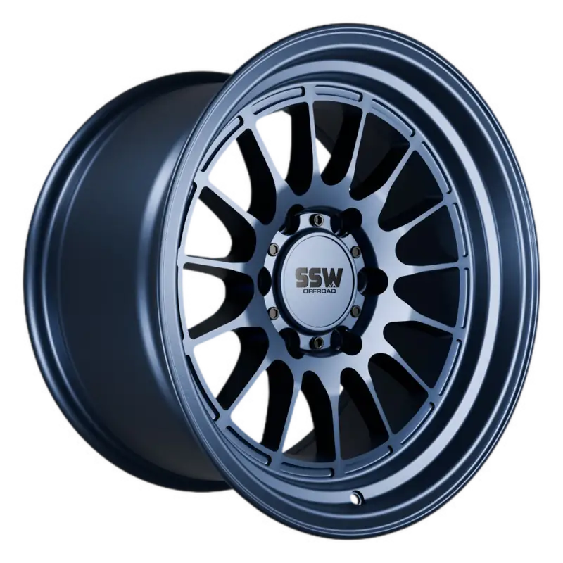 Side view of DAKAR 17x9.0 matte blue wheel showcasing its deep lip, multi-spoke design, and SSW Off-Road logo. Designed for off-road use with a -25 offset and 6x139.7 PCD.