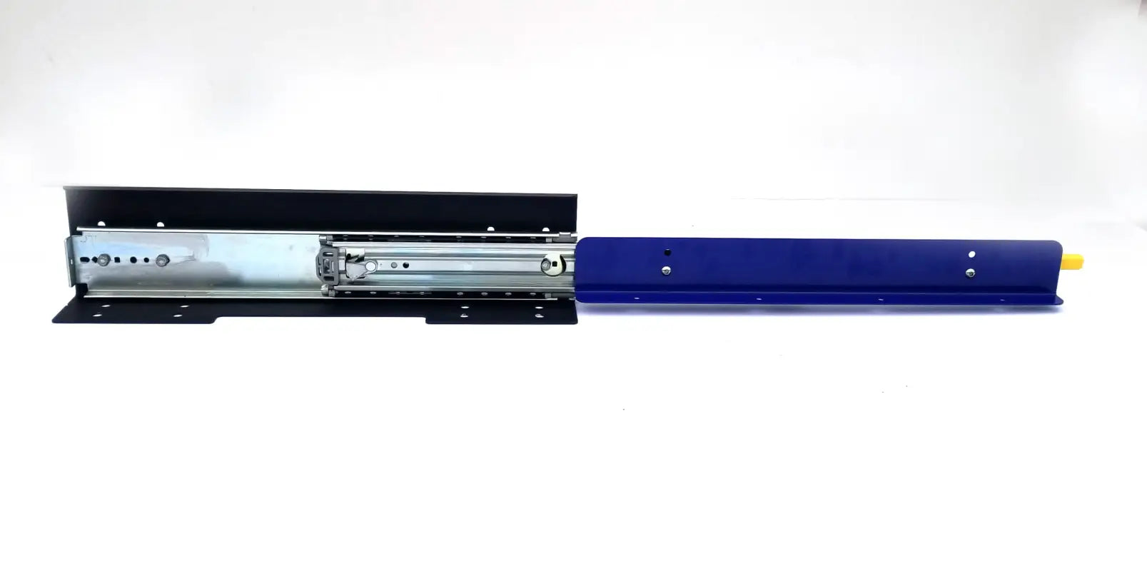 Close-up of DIY slide track with blue and black components, showcasing smooth sliding mechanism and durable construction.