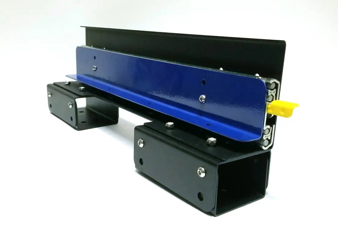 DIY slide track with riser blocks, featuring a yellow locking lever and customizable height for versatile use.