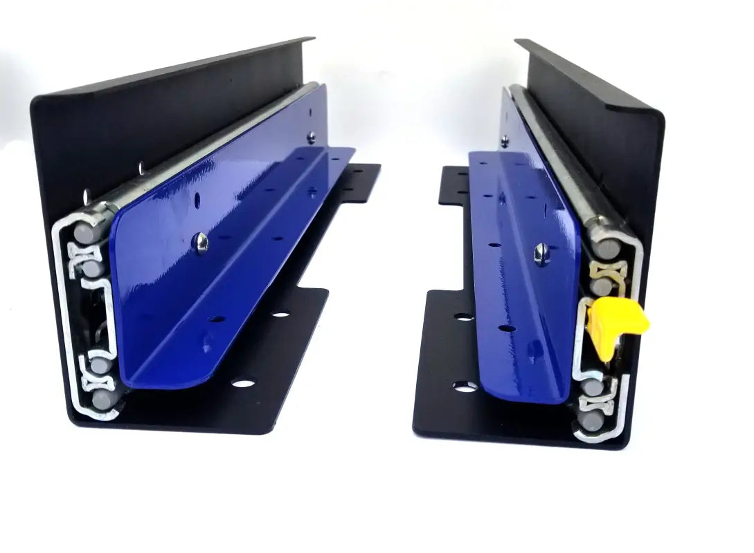 Heavy-duty DIY slide tracks with blue inner rails and black outer casing, designed for smooth operation and high load capacity.