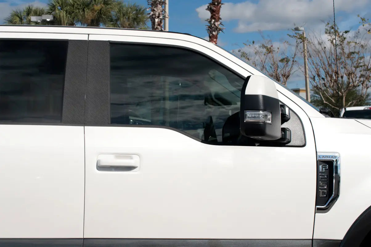 White pickup truck featuring Ford Super Duty Door Pillars Accent Trim 2017-2022