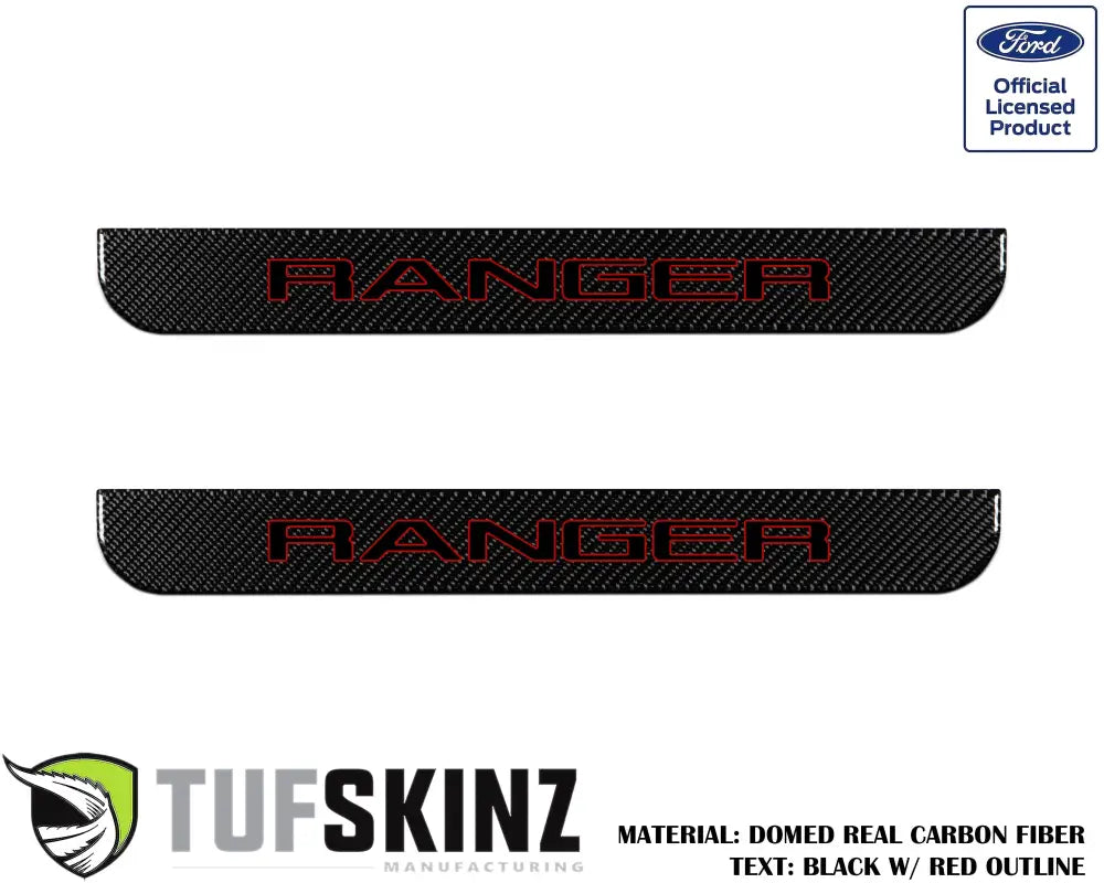 Black carbon fiber door sill protection overlays with red RANGER lettering for Ford Ranger