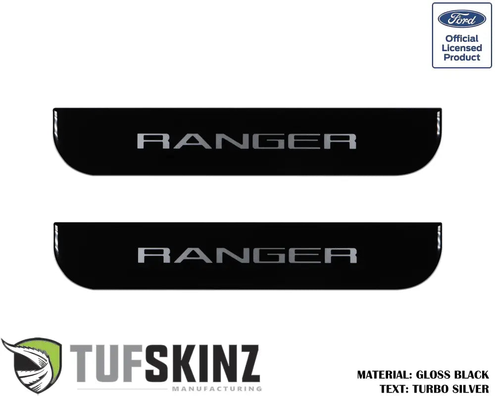 Glossy black Ford Ranger door sill protection overlays for 2019-2023 model
