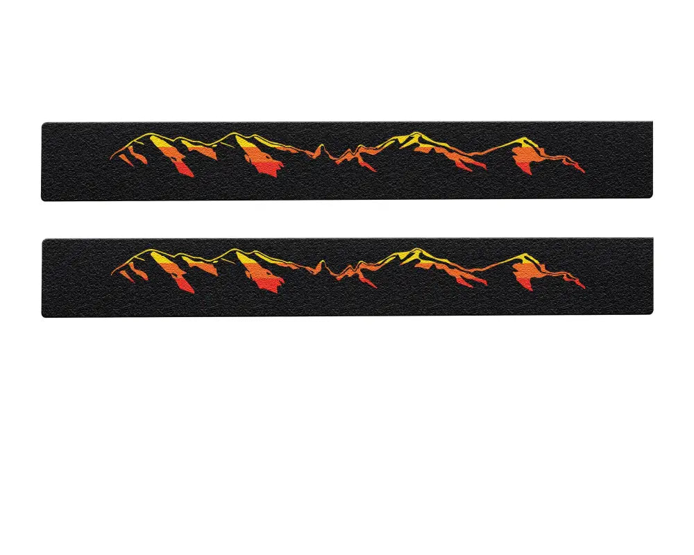 Set of black textured door sill overlays with red and yellow mountain design for Toyota Tacoma 2005-2023, stylish and durable.