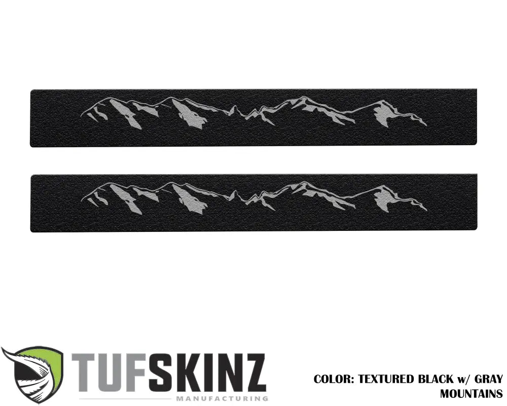 Set of black textured door sill overlays with gray mountain design for 2005-2023 Toyota Tacoma, stylish and protective.