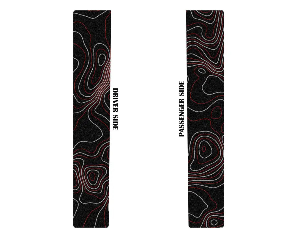 Driver and passenger side black textured door sill overlays with red and gray contour map design for Toyota Tacoma 2005-2023, bold and durable.