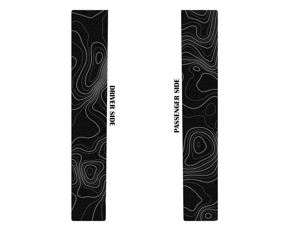 Driver and passenger side black textured door sill overlays with gray contour map design for Toyota Tacoma 2005-2023, stylish and protective.