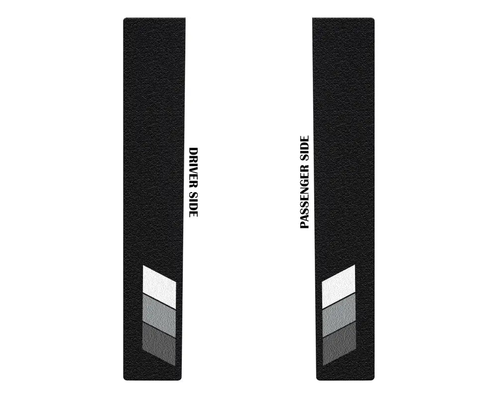Black textured door sill overlays with white, gray, and dark gray tri-color logo for 2005-2023 Toyota Tacoma, durable and stylish.