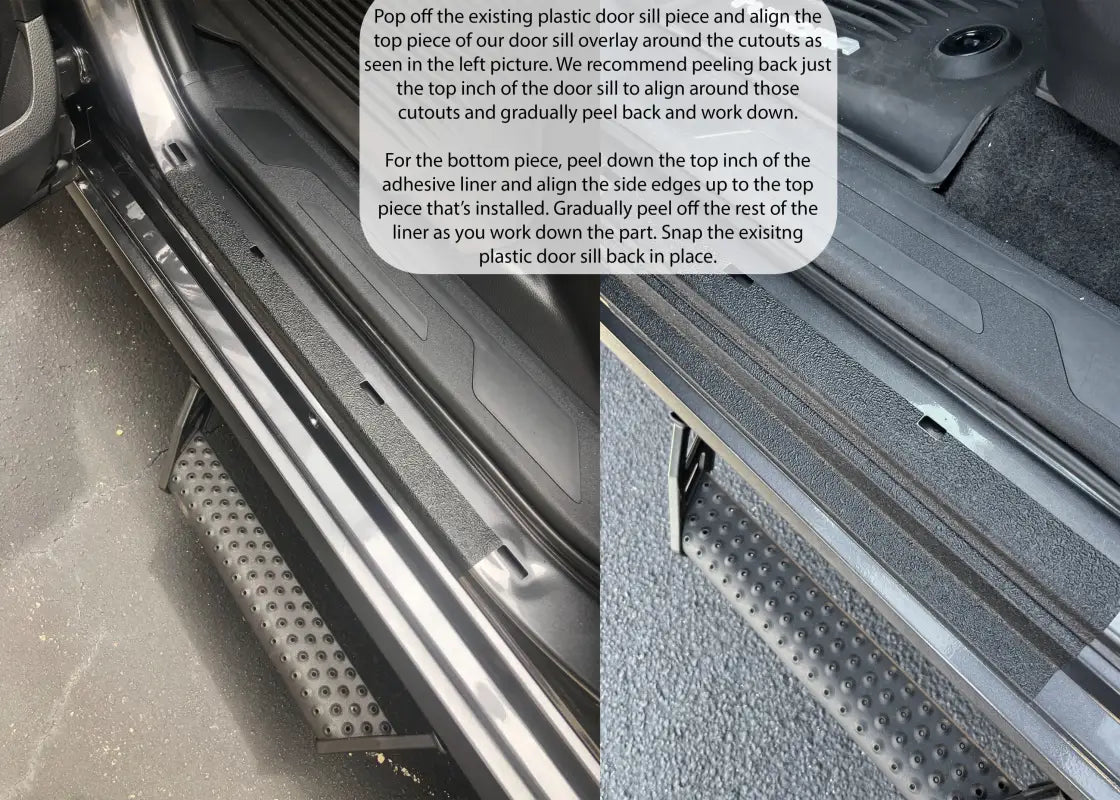 Step-by-step installation guide for Toyota Sequoia door sill overlays, featuring customizable text options.