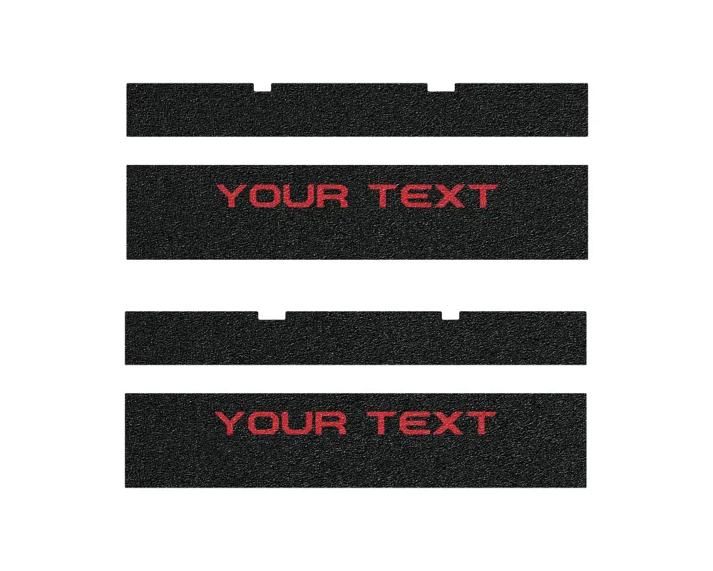 Set of black door sill overlays with red customizable 'YOUR TEXT' lettering, designed for 2022-2024 Toyota Sequoia models.
