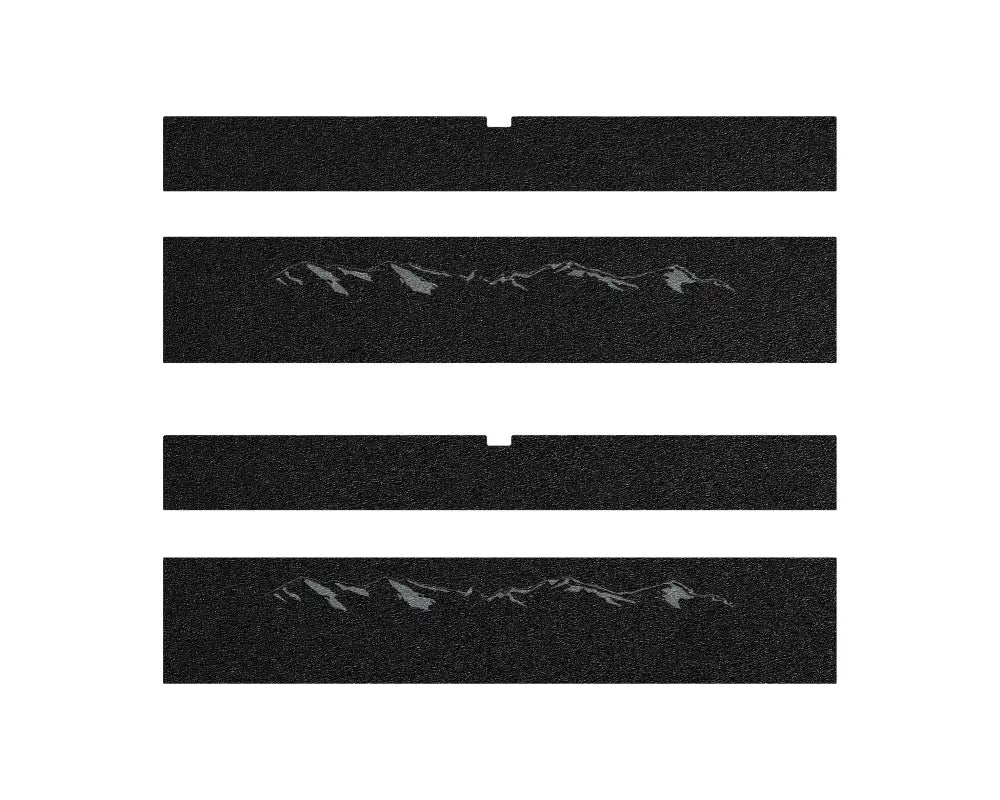 Set of black door sill overlays with a mountain design, tailored for 2022-2024 Toyota Sequoia vehicles.