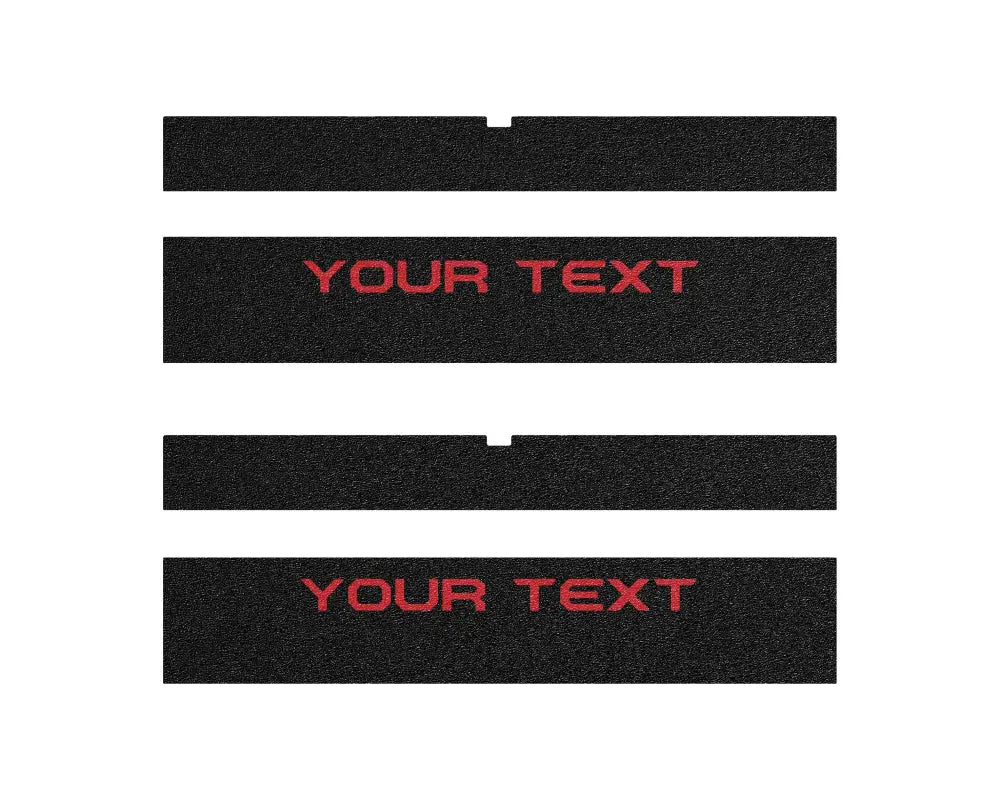 Set of black door sill overlays with customizable red 'YOUR TEXT' lettering, designed for Toyota Sequoia 2022-2024.