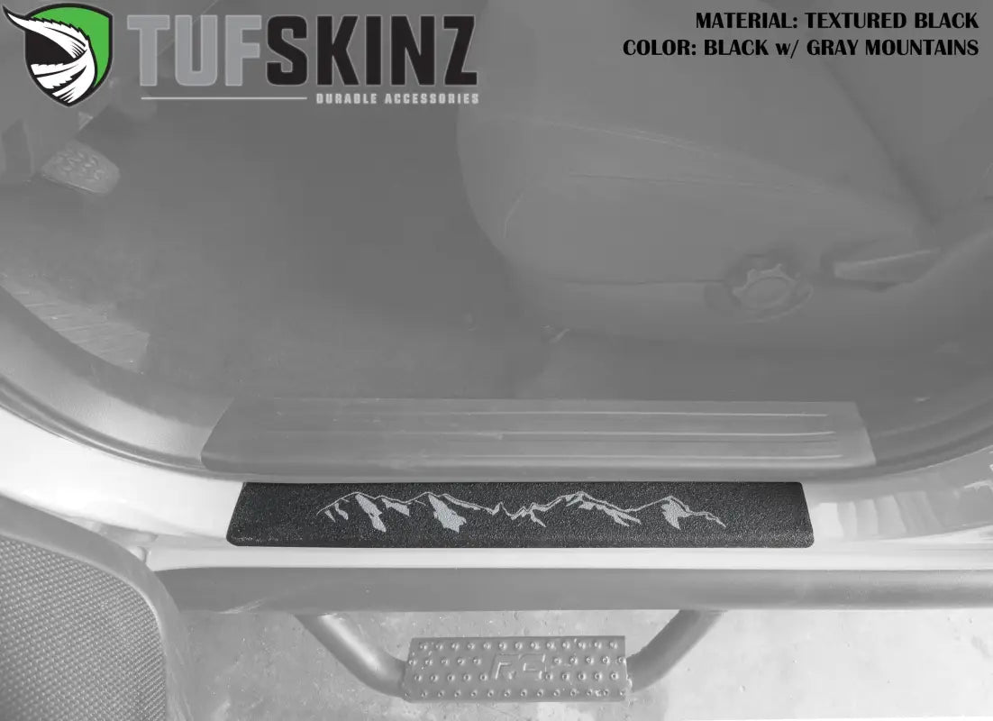 Black textured door sill protector featuring a gray mountain graphic, designed for Toyota Tundra models from 2007 to 2021.