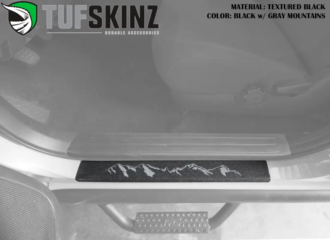 Black textured door sill protector featuring a gray mountain graphic, designed for Toyota Tundra models from 2007 to 2021.