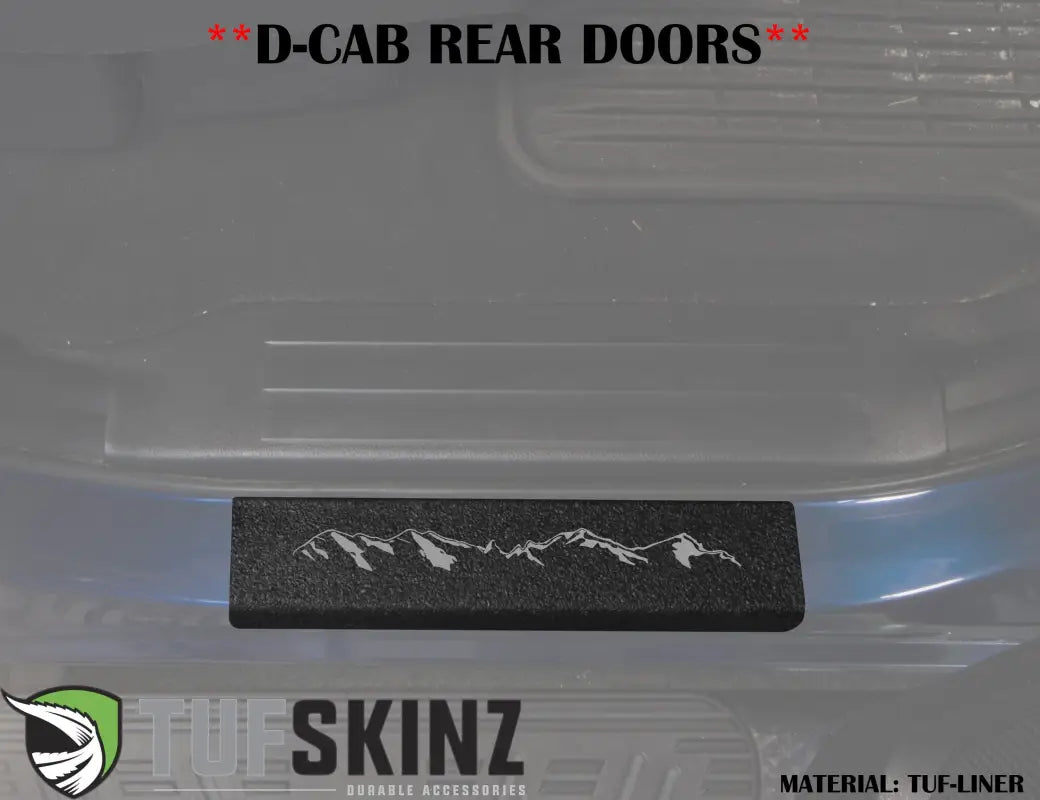 Rear door sill protector in textured black with gray mountain design, compatible with Toyota Tundra Double Cab 2007-2021.
