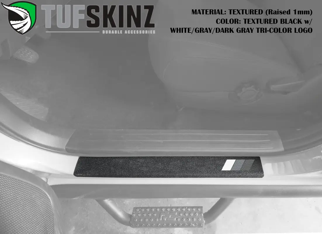 Textured black door sill overlay with white, gray, and dark gray tri-color logo, designed for Toyota Tundra 2007-2021.
