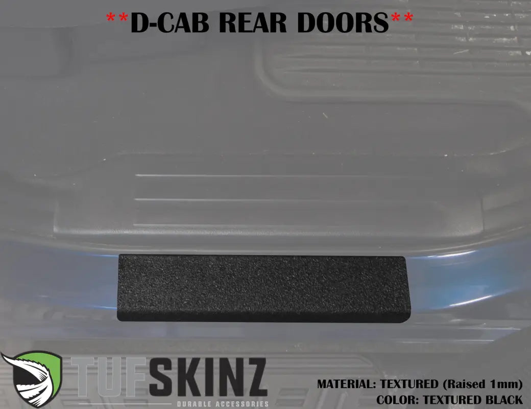 Textured black rear door sill overlay for Toyota Tundra Double Cab 2007-2021, offering durable protection and a clean look.
