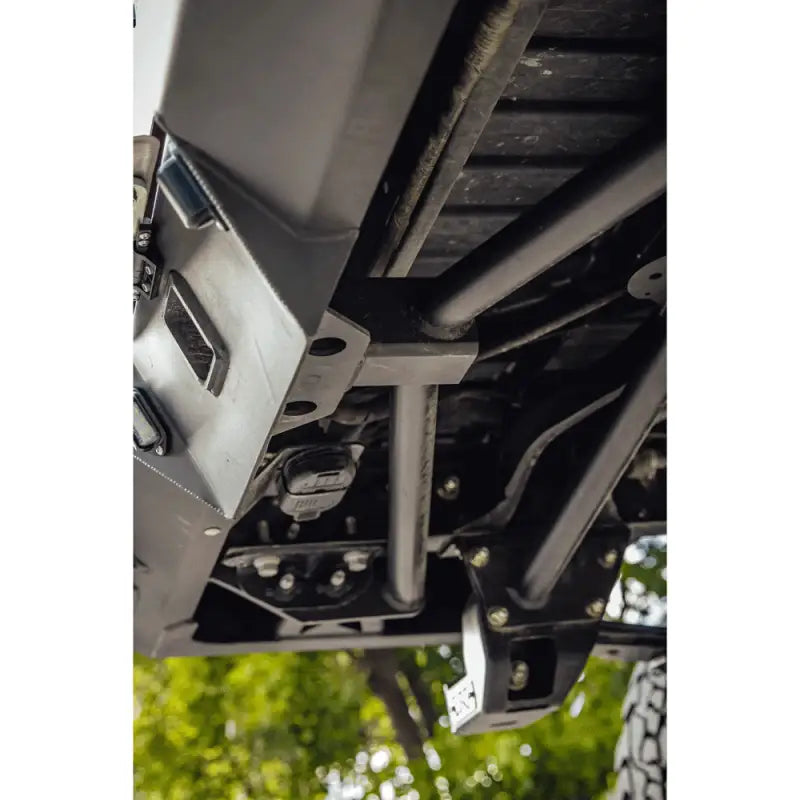 Underside view of the DRT high clearance rear bumper for 2005-2015 Tacoma, highlighting durable construction and mounting points.