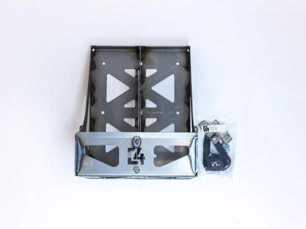 Dual Jerry Can Carrier with included mounting hardware and straps, designed for secure attachment and versatile use.