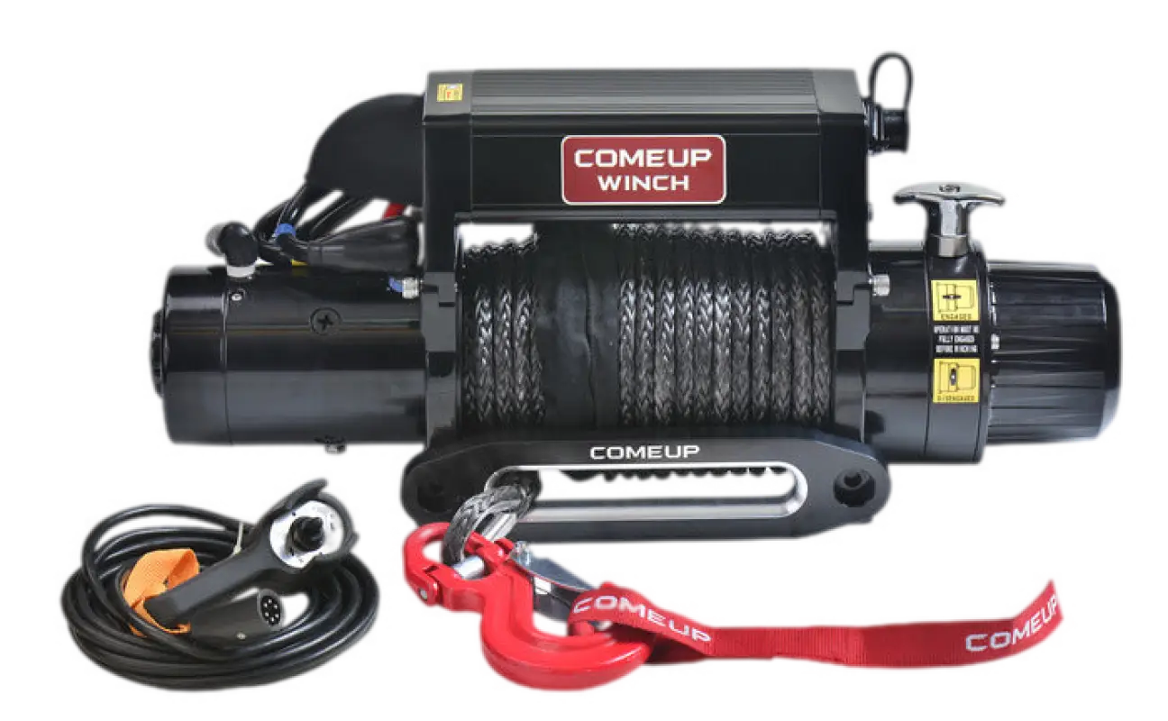 DV-9si 12V winch with black housing, synthetic rope, red hook, and wired remote control for off-road recovery.