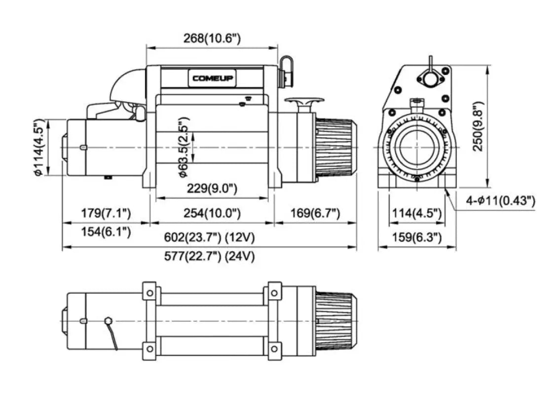 Technical dimensions of the DV-9si 12V winch, showcasing detailed measurements for installation and compatibility.