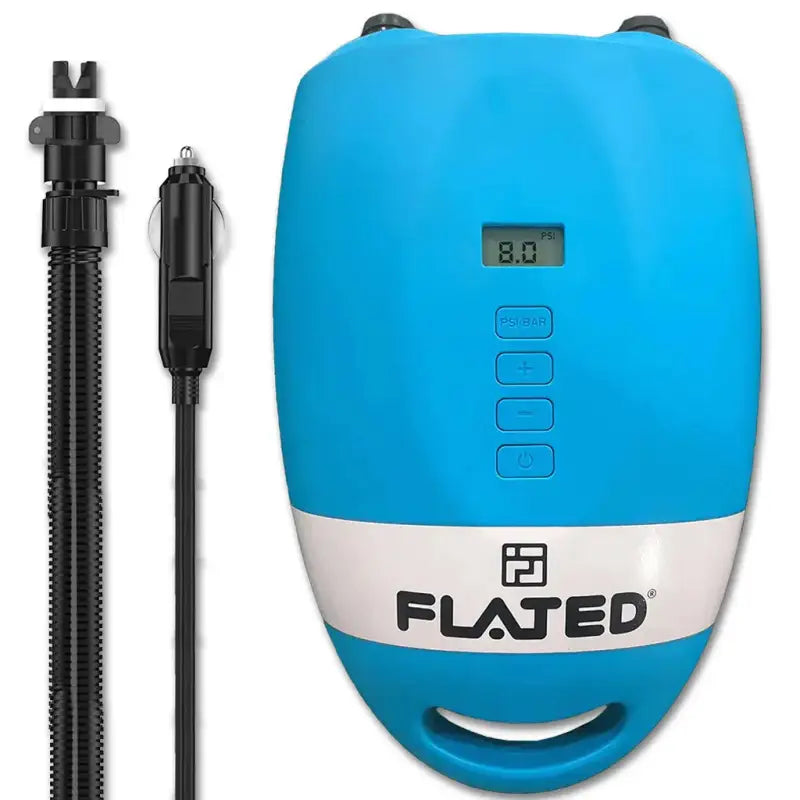 Electric air-pump with dual cooling, 20 PSI capacity, 12V DC plug, and 13 ft cord. Compact design with digital display and preset PSI settings.