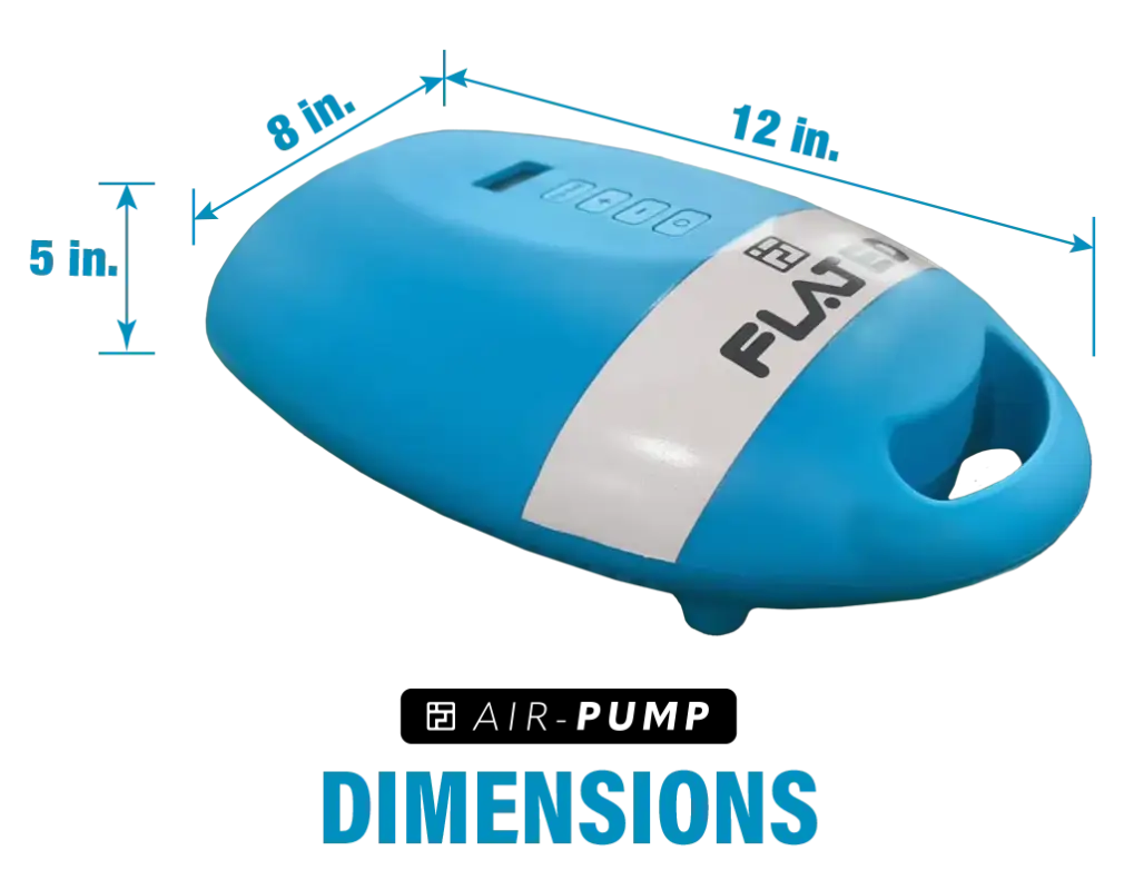 Electric air-pump with dimensions highlighted, showing its compact size, ergonomic handle, and digital display for precise inflation.