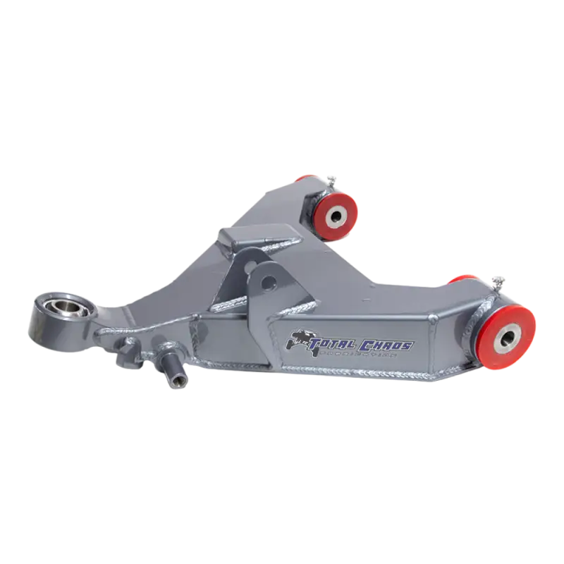 Single Tundra Lower Control Arm from Total Chaos featuring bolt-on design, uniball joint, and red urethane bushings for enhanced suspension.