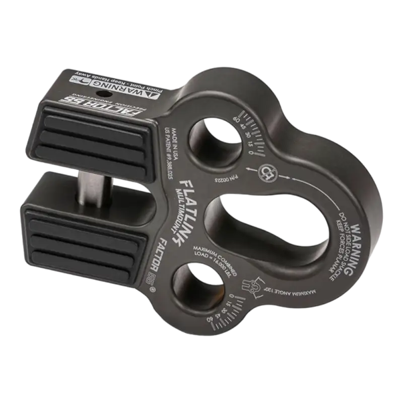 Black Factor 55 Flatlink Multimount winch accessory featuring lightweight aluminum construction and multiple winch direction compatibility.