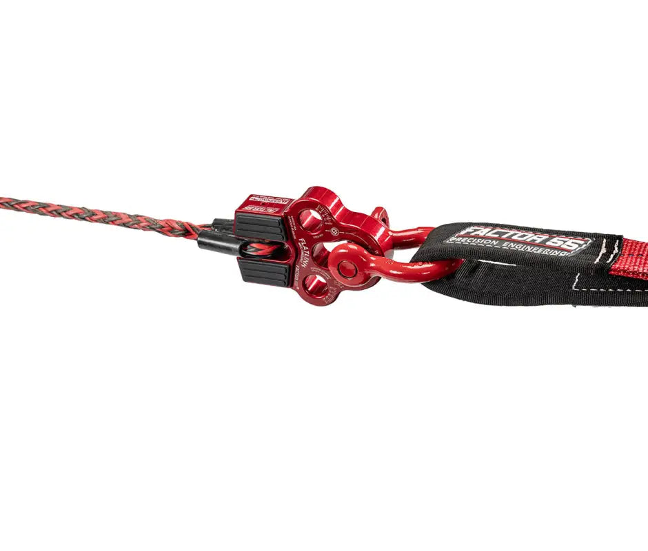 Red Factor 55 Flatlink Multimount attached to a synthetic winch line and soft shackle, highlighting its closed system winching capability.