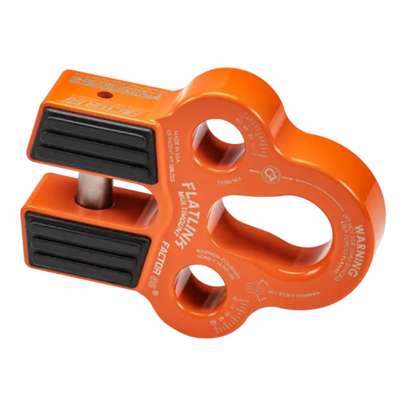 Orange Factor 55 Flatlink Multimount winch accessory with durable aluminum build and multiple shackle attachment options.