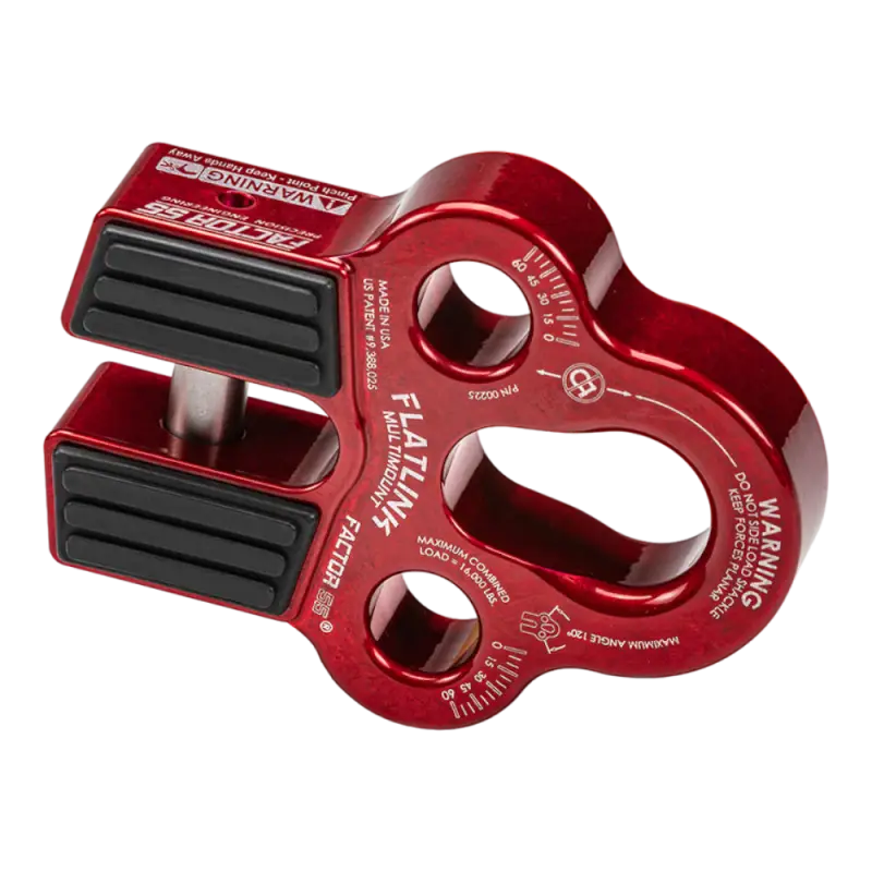 Red Factor 55 Flatlink Multimount winch accessory with CNC machined aluminum design and secure shackle attachment points.