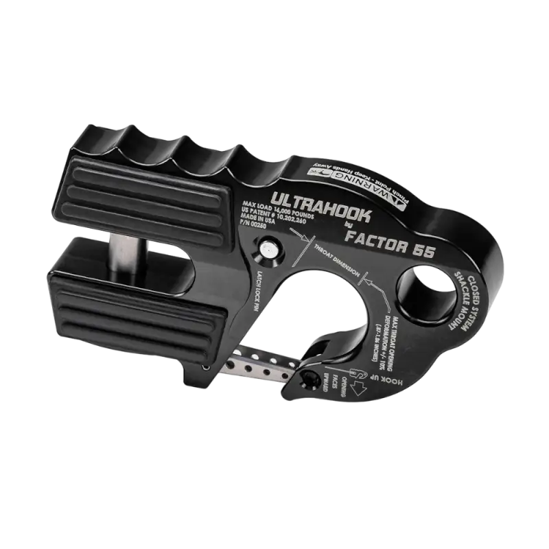 Matte black Factor 55 Ultra Hook with closed system winching, ideal for off-road and industrial applications with a lightweight, robust design.