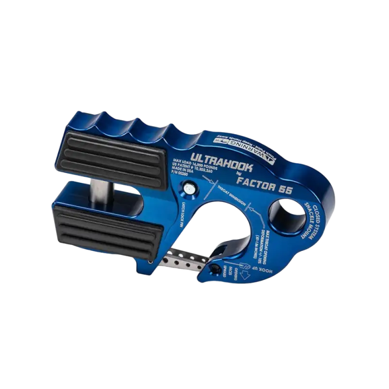 Blue Factor 55 Ultra Hook designed for off-road winching, offering a closed system and durable, lightweight build for industrial applications.