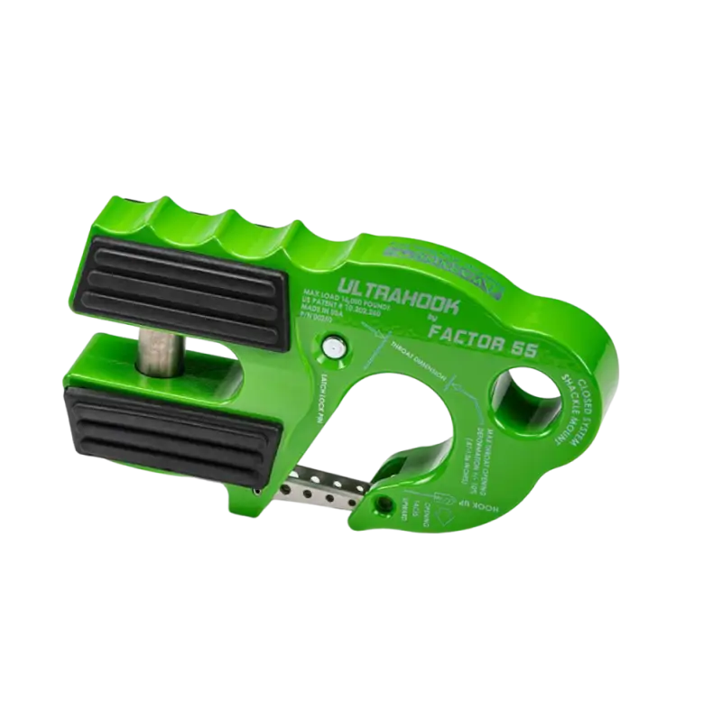 Green Factor 55 Ultra Hook for off-road winches, offering a closed system design and lightweight, durable construction for heavy-duty use.