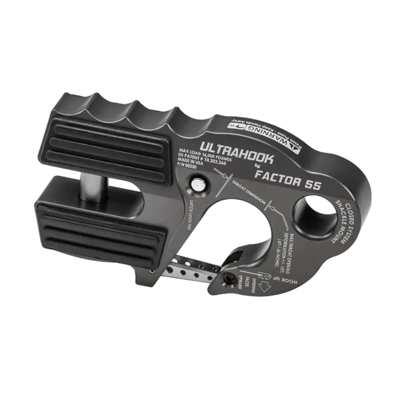 Black Factor 55 Ultra Hook with closed system winching, engineered for off-road and industrial use with a lightweight, durable design.